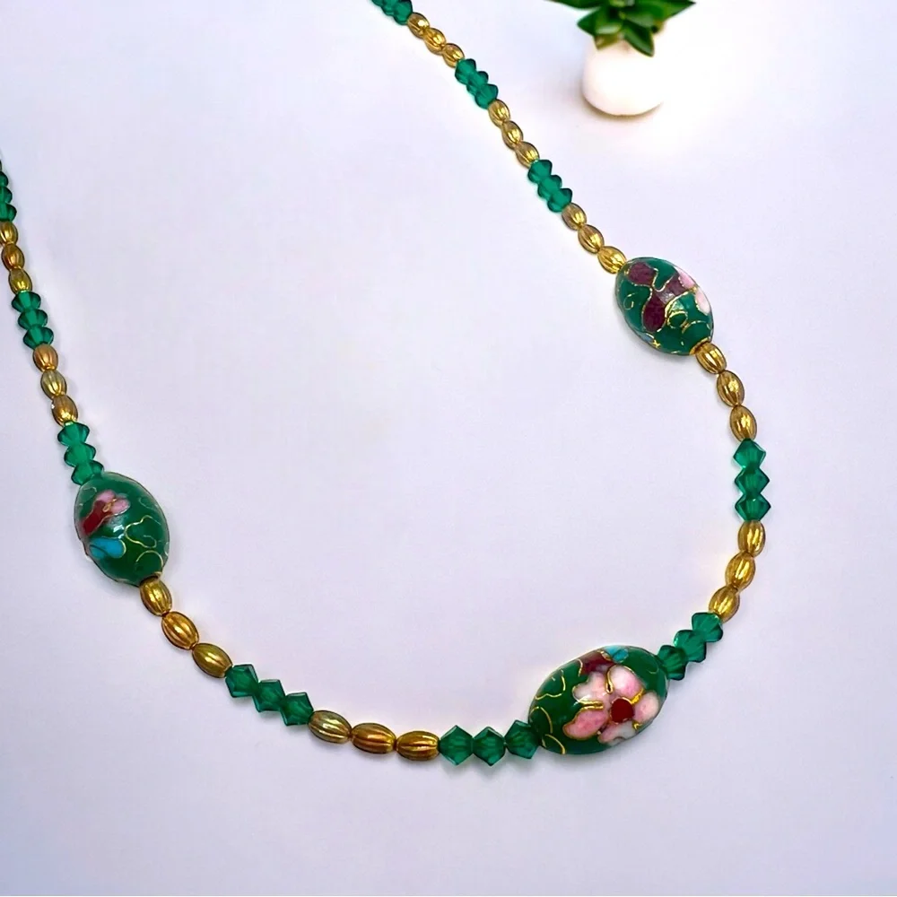 VINTAGE Cloisonné Green Beaded Austrian Crystal Necklace
